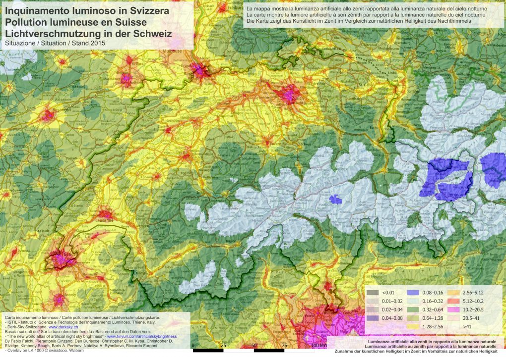 Die Aufhellung des Nachthimmels durch Kunstlicht in der Schweiz (Daten vom Weltatlas von Falchi et al.).